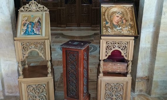 Intricately carved religious icons in a church setting in Madaba Governorate, Jordan.
